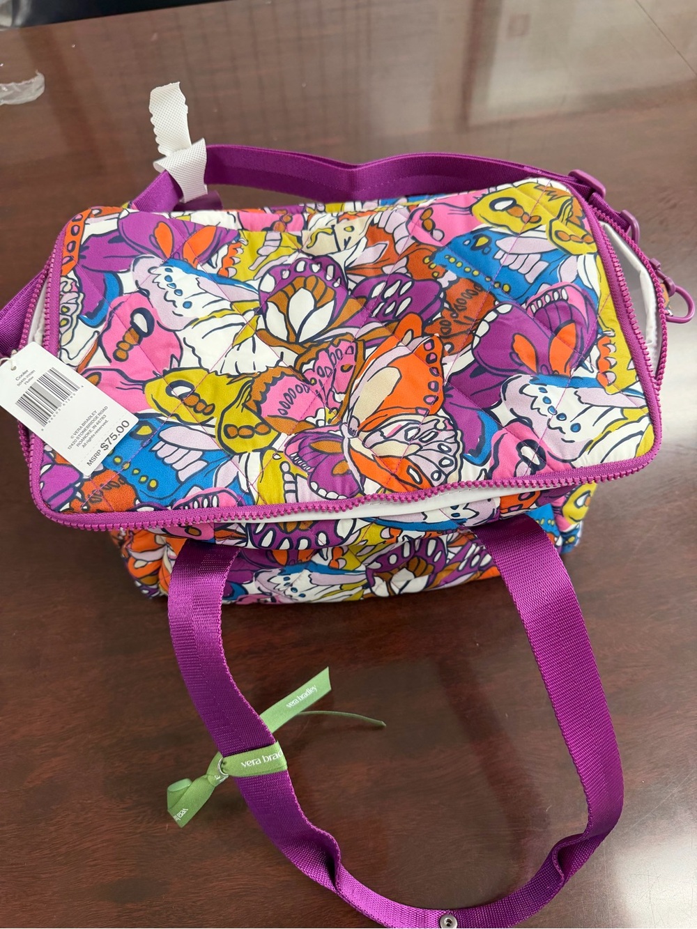 Vera Bradley Multicolor Butterfly Quilted Cooler Tote in Purple Strapv